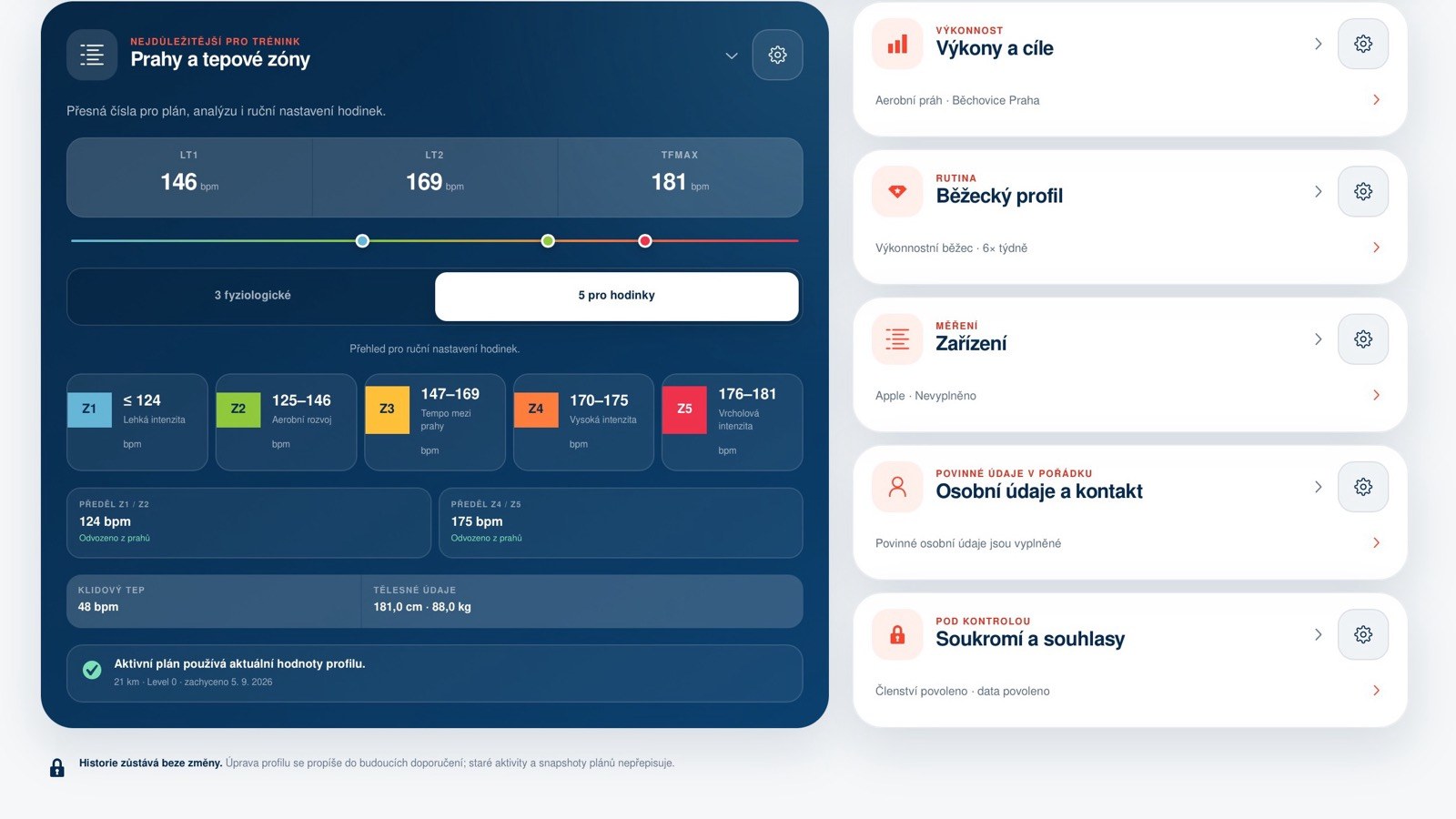 Běžecký profil s osobními prahy, tepovými zónami a nastavením člena